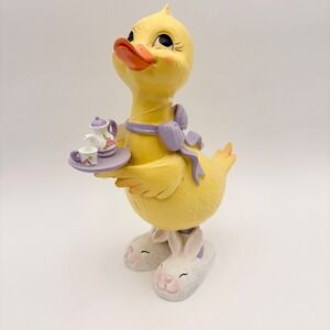 Yellow Duck Figurine with Tea Set and Bunny Slippers Whimsical Easter Decor